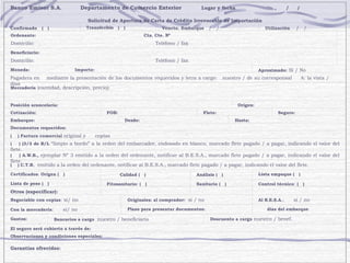     Banco Emisor S.A. Departamento de Comercio Exterior  Lugar y fecha  ,  /  / Solicitud de Apertura de Carta de Crédito Irrevocable de Importación Confirmado   (  ) Transferible  (  ) Vencto.   Embarque   /  / Utilización  /  / Ordenante:  Cta. Cte. Nº  Domicilio:  Teléfono / fax Beneficiario: Domicilio:  Teléfono / fax Moneda:  Importe: Aproximado:  Sí / No Pagadera en  mediante la presentación de los documentos requeridos y letra a cargo:  nuestro / de su corresponsal  A: la vista /  días  Mercadería  (cantidad, descripción, precio):           Posición arancelaria: Origen: Cotización: FOB: Flete: Seguro: Embarque: Desde: Hasta: Documentos requeridos: (  ) Factura comercial  original y  copias (  ) (3/3 de B/L  “limpio a bordo” a la orden del embarcador, endosado en blanco, marcado flete pagado / a pagar, indicando el valor del flete.  (  ) A.W.B.,  ejemplar Nº 3 emitido a la orden del ordenante, notificar al B.E.S.A., marcado flete pagado / a pagar, indicando el valor del flete. (  ) C.T.R.  emitido a la orden del ordenante, notificar al B.E.S.A., marcado flete pagado / a pagar, indicando el valor del flete. Certificados :  Origen (  ) Calidad   (  )   Análisis   (  ) Lista empaque (  ) Lista de peso (  )  Fitosanitario:   (  ) Sanitario   (  ) Control técnico :  (  ) Otros (específicar):       Negociable con copias : sí/ no  Originales: al comprador:   sí / no Al B.E.S.A. :  sí / no Con la mercadería :  sí/ no  Plazo para presentar documentos: días del embarque Gastos: Bancarios a cargo  nuestro / beneficiario Descuento a cargo  nuestro / benef.  El seguro será cubierto a través de: Observaciones y condiciones especiales:     Garantías ofrecidas:     Firma de codeudores y aclaración  Firma del ordenante y aclaración 