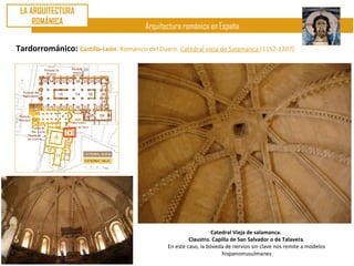 LA ARQUITECTURA
     ROMÁNICA
                                         Arquitectura románica en España

Tardorrománico: Castilla-León. Románico del Duero. Catedral vieja de Salamanca (1152-1207)




                                                                    Catedral Vieja de salamanca.
                                                          Claustro. Capilla de San Salvador o de Talavera.
                                                 En este caso, la bóveda de nervios sin clave nos remite a modelos
                                                                        hispanomusulmanes
 