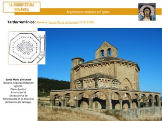 LA ARQUITECTURA
         ROMÁNICA
                                           Arquitectura románica en España

    Tardorrománico: Navarra. Santa María de Eunate (1150-1200)




  Santa María de Eunate
Navarra. Segunda mitad del
         siglo XII.
      Planta (arriba)
       Exterior (dch)
     Situada cerca de
Roncesvalles en el itinerario
 del Camino de Santiago.
 