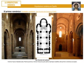 LA ARQUITECTURA
     ROMÁNICA
                                                     Arquitectura románica en España

El primer románico: Condados catalanes. San Vicente de Cardona (1040)




                                                          San Vicente de Cardona
     Interior hacia el ábside (izd). Planta (centro). Interior hacia los pies (dch). Ejemplo modélico del primer románico europeo
 