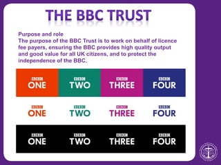 Purpose and role
The purpose of the BBC Trust is to work on behalf of licence
fee payers, ensuring the BBC provides high quality output
and good value for all UK citizens, and to protect the
independence of the BBC.
 