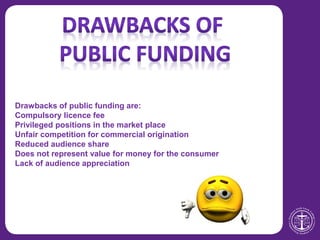 Drawbacks of public funding are:
Compulsory licence fee
Privileged positions in the market place
Unfair competition for commercial origination
Reduced audience share
Does not represent value for money for the consumer
Lack of audience appreciation
 