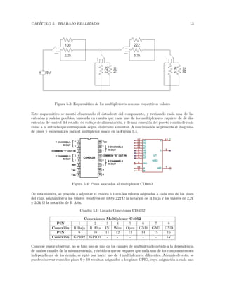 CAPÍTULO 5. TRABAJO REALIZADO 13
Figura 5.3: Esquemático de los multiplexores con sus respectivos valores
Este esquemático se montó observando el datasheet del componente, y revisando cada una de las
entradas y salidas posibles, teniendo en cuenta que cada uno de los multiplexores requiere de de dos
entradas de control del estado, de voltaje de alimentación, y de una conexión del puerto común de cada
canal a la entrada que corresponde según el circuito a montar. A continuación se presenta el diagrama
de pines y esquemático para el multiplexor usado en la Figura 5.4.
Figura 5.4: Pines asociados al multiplexor CD4052
De esta manera, se procede a adjuntar el cuadro 5.1 con los valores asignados a cada uno de los pines
del chip, asignándole a los valores resistivos de 100 y 222 Ω la notación de R Baja y los valores de 2,2k
y 3,3k Ω la notación de R Alta.
Cuadro 5.1: Listado Conexiones CD4052
Conexiones Multiplexor C4052
PIN 1 2 3 4 5 6 7 8
Conexión R Baja R Alta IN Wire Open GND GND GND
PIN 9 10 11 12 13 14 15 16
Conexión GPIO2 GPIO1 - - - - - 5V
Como se puede observar, no se hizo uso de uno de los canales de multiplexado debido a la dependencia
de ambos canales de la misma entrada, y debido a que se requiere que cada uno de los componentes sea
independiente de los demás, se optó por hacer uso de 4 multiplexores diferentes. Además de esto, se
puede observar como los pines 9 y 10 resultan asignados a los pines GPIO, cuya asignación a cada uno
 