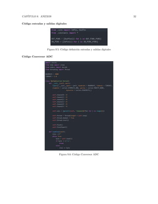 CAPÍTULO 9. ANEXOS 32
Código entradas y salidas digitales
Figura 9.5: Código definición entradas y salidas digitales
Código Conversor ADC
Figura 9.6: Código Conversor ADC
 