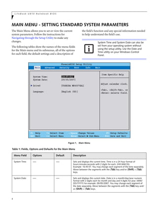 4
L i f e B o o k U 8 1 0 N o t e b o o k B I O S
MAIN MENU - SETTING STANDARD SYSTEM PARAMETERS
The Main Menu allows you to set or view the current
system parameters. Follow the instructions for
Navigating through the Setup Utility to make any
changes.
The following tables show the names of the menu fields
for the Main menu and its submenus, all of the options
for each field, the default settings and a description of
the field’s function and any special information needed
to help understand the field’s use.
Figure 1. Main Menu
System Time and System Date can also be
set from your operating system without
using the setup utility. Use the Date and
Time utility on your Windows Control
Panel.
Table 1: Fields, Options and Defaults for the Main Menu
Menu Field Options Default Description
System Time: –— –— Sets and displays the current time. Time is in a 24 hour format of
hours:minutes:seconds with 2 digits for each. (HH:MM:SS).
Example: 16:45:57. You may change each segment of the time separately.
Move between the segments with the [Tab] key and/or [Shift] + [Tab]
keys.
System Date: –— –— Sets and displays the current date. Date is in a month/day/year numeric
format with 2 digits each for month and day and 4 digits for year. (MM/
DD/YYYY) for example: 09/05/2007. You may change each segment of
the date separately. Move between the segments with the [Tab] key and/
or [Shift] + [Tab] keys.
PhoenixBIOS Setup Utility
F1 Help
ESC Exit
Select Item
Select Menu
-/Space Change Values
Enter Select Sub-Menu
F9 Setup Defaults
F10 Save and Exit
▲
Item Specific Help
Adjust calendar clock.
<Tab>, <Shift-Tab>, or
<Enter> selects field.
▲
System Time: [14:57:01]
System Date: [09/05/2007]
Drive0 [TOSHIBA MK4007GAL]
Language: [English (US)]
Main Advanced Security Boot Info Exit
 