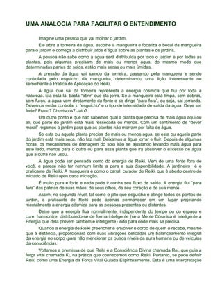 UMA ANALOGIA PARA FACILITAR O ENTENDIMENTO 
Imagine uma pessoa que vai molhar o jardim. 
Ele abre a torneira da água, escolhe a mangueira e focaliza o bocal da mangueira 
para o jardim e começa a distribuir jatos d’água sobre as plantas e os jardins. 
A pessoa não sabe como a água será distribuída por todo o jardim e por todas as 
plantas, pois algumas precisam de mais ou menos água, do mesmo modo que 
determinadas partes do solos, estão mais secas ou mais úmidas. 
A pressão da água vai saindo da torneira, passando pela mangueira e sendo 
controlada pelo esguicho da mangueira, determinando uma lição interessante no 
semelhante à Pratica de Aplicação do Reiki. 
Á água que sai da torneira representa a energia cósmica que flui por toda a 
natureza. Ela está lá, basta “abrir” que ela jorra. Se a mangueira está limpa, sem dobras, 
sem furos, a água vem diretamente da fonte e se dirige “para fora”, ou seja, sai jorrando. 
Devemos então controlar o “esguicho” e o tipo de intensidade de saída da água. Deve ser 
forte? Fraco? Chuviscos? Jato? 
Um outro ponto é que não sabemos qual a planta que precisa de mais água aqui ou 
ali, que parte do jardim está mais ressecada ou menos. Com um sentimento de “dever 
moral” regamos o jardim para que as plantas não morram por falta de água. 
Se esta ou aquela planta precisa de mais ou menos água, se esta ou aquela parte 
do jardim está mais seca, não faz mal. Deixamos a água jorrar e fluir. Depois de algumas 
horas, os mecanismos de drenagem do solo irão se ajustando levando mais água para 
este lado, menos para o outro ou para essa planta que irá absorver o excesso de água 
que a outra não usou. 
A água pode ser pensada como do energia de Reiki. Vem de uma fonte fora de 
você, e parece não ter nenhum limite a para a sua disponibilidade. A jardineiro é o 
praticante de Reiki. A mangueira é como o canal curador de Reiki, que é aberto dentro do 
iniciado de Reiki após cada iniciação. 
É muito pura e forte e nada pode ir contra seu fluxo de saída. A energia flui “para 
fora” das palmas de suas mãos, de seus olhos, de seu coração e de sua mente. 
Assim, no segundo nível, tal como o jato que esguicha e atinge todos os pontos do 
jardim, o praticante de Reiki pode apenas permanecer em um lugar projetando 
mentalmente a energia cósmica para as pessoas presentes ou distantes. 
Deixe que a energia flua normalmente, independente do tempo ou do espaço e 
cure, harmonize, distribuindo-se de forma inteligente (se a Mente Cósmica é Inteligente a 
Energia que dela provém também é inteligente) indo para onde mais se precisa. 
Quando a energia de Reiki preencher e envolver o corpo de quem o recebe, mesmo 
que à distância, proporcionará com suas vibrações delicadas um balanceamento integral 
da energia no corpo (para não mencionar os outros níveis da aura humana ou de veículos 
da consciência). 
Voltamos a premissa de que Reiki é a Consciência Divina chamada Rei, que guia a 
força vital chamada Ki, na prática que conhecemos como Reiki. Portanto, se pode definir 
Reiki como uma Energia da Força Vital Guiada Espiritualmente. Esta é uma interpretação 
 