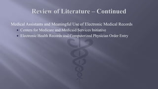 Medical Assistants and Meaningful Use of Electronic Medical Records
 Centers for Medicare and Medicaid Services Initiative
 Electronic Health Records and Computerized Physician Order Entry
 