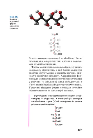 137
Отже, глюкоза є водночас і альдегідом, і бага
тоŽтомним спиртом; такі сполуки назива
ють альдегідоспиртами.
Форму молекули глюкози, зображену вище,
називають відкритою. У цій формі молекули
сполуки існують лише у водному розчині, при
чому в незначній кількості. Характерною фор
мою для молекули глюкози (у твердому стані й
у розчині) є циклічна; цикл складається з
п’яти атомів Карбону й одного атома Оксигену.
У розчині відкрита форма молекули постійно
перетворюється на циклічну і навпаки.
Структурним ізомером глюкози є інший моно
сахарид — фруктоза. У молекулі цієї сполуки
карбонільна група сполучена із двома
різними замісниками:
Мал. 58.
Модель
відкритої
форми
молекули
глюкози
 