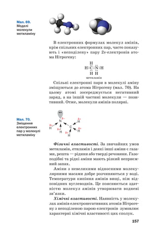 157
В електронних формулах молекул амінів,
крім спільних електронних пар, часто показу
ють і «неподілену» пару 2s електронів ато
ма Нітрогену:
метиламін
Спільні електронні пари в молекулі аміну
зміщуються до атома Нітрогену (мал. 70). На
цьому атомі зосереджується негативний
заряд, а на іншій частині молекули — пози
тивний. Отже, молекули амінів полярні.
Мал. 69.
Моделі
молекули
метиламіну
Мал. 70.
Зміщення
електронних
пар у молекулі
метиламіну
H C
N
H
H
H
H
δ+
δ+
δ+
δ+
δ+
δ–
Фізичні властивості. За звичайних умов
метиламін, етиламін і деякі інші аміни є газа
ми, решта — рідини або тверді речовини. Газо
подібні та рідкі аміни мають різкий неприєм
ний запах.
Аміни з невеликими відносними молеку
лярними масами добре розчиняються у воді.
Температури кипіння амінів вищі, ніж від
повідних вуглеводнів. Це пояснюється здат
ністю молекул амінів утворювати водневі
зв’язки.
Хімічні властивості. Наявність у молеку
лах амінів електронегативних атомів Нітроге
ну з неподіленою парою електронів зумовлює
характерні хімічні властивості цих сполук.
 