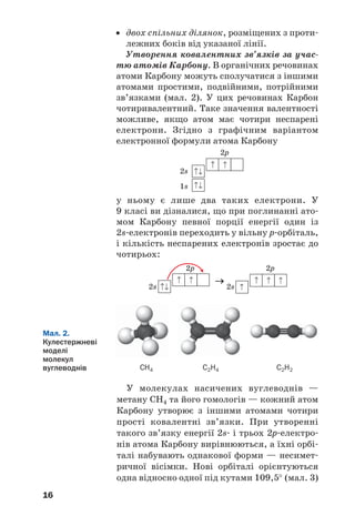 16
• двох спільних ділянок, розміщених з проти
лежних боків від указаної лінії.
Утворення ковалентних зв’язків за учас
тю атомів Карбону. В органічних речовинах
атоми Карбону можуть сполучатися з іншими
атомами простими, подвійними, потрійними
зв’язками (мал. 2). У цих речовинах Карбон
чотиривалентний. Таке значення валентності
можливе, якщо атом має чотири неспарені
електрони. Згідно з графічним варіантом
електронної формули атома Карбону
2р
2s
1s
у ньому є лише два таких електрони. У
9 класі ви дізналися, що при поглинанні ато
мом Карбону певної порції енергії один із
2s електронів переходить у вільну р орбіталь,
і кількість неспарених електронів зростає до
чотирьох:
→
2s 2s
2p 2p
СН4 С2Н4 С2Н2
Мал. 2.
Кулестержневі
моделі
молекул
вуглеводнів
У молекулах насичених вуглеводнів —
метану СН4 та його гомологів — кожний атом
Карбону утворює з іншими атомами чотири
прості ковалентні зв’язки. При утворенні
такого зв’язку енергії 2s і трьох 2р електро
нів атома Карбону вирівнюються, а їхні орбі
талі набувають однакової форми — несимет
ричної вісімки. Нові орбіталі орієнтуються
одна відносно одної під кутами 109,5° (мал. 3)
 