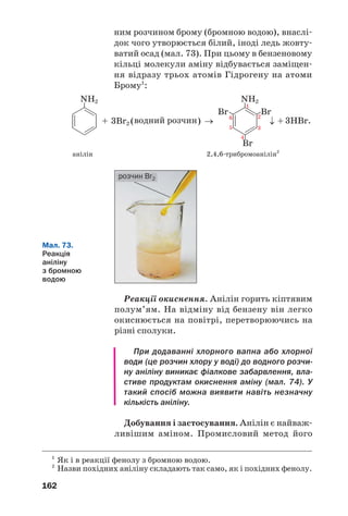 162
ним розчином брому (бромною водою), внаслі
док чого утворюється білий, іноді ледь жовту
ватий осад (мал. 73). При цьому в бензеновому
кільці молекули аміну відбувається заміщен
ня відразу трьох атомів Гідрогену на атоми
Брому1
:
анілін 2,4,6 трибромоанілін2
1
Як і в реакції фенолу з бромною водою.
2
Назви похідних аніліну складають так само, як і похідних фенолу.
розчин Br2
Мал. 73.
Реакція
аніліну
з бромною
водою
Реакції окиснення. Анілін горить кіптявим
полум’ям. На відміну від бензену він легко
окиснюється на повітрі, перетворюючись на
різні сполуки.
При додаванні хлорного вапна або хлорної
води (це розчин хлору у воді) до водного розчи
ну аніліну виникає фіалкове забарвлення, вла
стиве продуктам окиснення аміну (мал. 74). У
такий спосіб можна виявити навіть незначну
кількість аніліну.
Добування і застосування. Анілін є найваж
ливішим аміном. Промисловий метод його
 