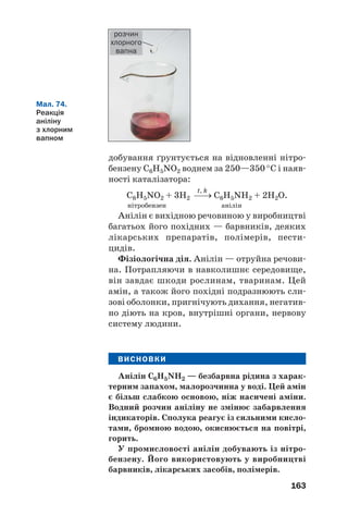 163
Мал. 74.
Реакція
аніліну
з хлорним
вапном
розчин
хлорного
вапна
добування ґрунтується на відновленні нітро
бензену С6H5NO2 воднем за 250—350 °С і наяв
ності каталізатора:
t, k
С6H5NO2 + 3Н2 ⎯→ С6H5NH2 + 2Н2О.
нітробензен анілін
Анілін є вихідною речовиною у виробництві
багатьох його похідних — барвників, деяких
лікарських препаратів, полімерів, пести
цидів.
Фізіологічна дія. Анілін — отруйна речови
на. Потрапляючи в навколишнє середовище,
він завдає шкоди рослинам, тваринам. Цей
амін, а також його похідні подразнюють сли
зові оболонки, пригнічують дихання, негатив
но діють на кров, внутрішні органи, нервову
систему людини.
ВИСНОВКИ
Анілін C6H5NH2 — безбарвна рідина з харак
терним запахом, малорозчинна у воді. Цей амін
є більш слабкою основою, ніж насичені аміни.
Водний розчин аніліну не змінює забарвлення
індикаторів. Сполука реагує із сильними кисло
тами, бромною водою, окиснюється на повітрі,
горить.
У промисловості анілін добувають із нітро
бензену. Його використовують у виробництві
барвників, лікарських засобів, полімерів.
 