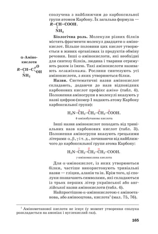 165
сполучена з найближчим до карбоксильної
групи атомом Карбону. Їх загальна формула —
.
Біологічна роль. Молекули різних білків
містять фрагменти молекул двадцяти α аміно
кислот. Більше половини цих кислот утворю
ється в живих організмах із продуктів обміну
речовин. Інші α амінокислоти, які необхідні
для синтезу білків, людина і тварини отриму
ють разом із їжею. Такі амінокислоти назива
ють незамінними. Рослини синтезують усі
амінокислоти, з яких утворюються білки.
Назви. Систематичні назви амінокислот
складають, додаючи до назв відповідних
карбонових кислот префікс аміно (табл. 4).
Положення аміногрупи в молекулі вказують у
назві цифрою (номер 1 надають атому Карбону
карбоксильної групи):
4 амінобутанова кислота
Інші назви амінокислот походять від триві
альних назв карбонових кислот (табл. 3).
Положення аміногрупи вказують грецькими
літерами α, β, γ і т. д., починаючи від найближ
чого до карбоксильної групи атома Карбону:
γ аміномасляна кислота
Для α амінокислот, із яких утворюються
білки, частіше використовують тривіальні
назви — гліцин, аланін та ін. Крім того, ці спо
луки позначають символами, які складаються
із трьох перших літер української або анг
лійської назви амінокислоти (табл. 4).
Найпростішою α амінокислотою є аміноета
нова, або амінооцтова, кислота1
(мал. 75, 76).
α Аміно
кислоти
1
Амінометанової кислоти не існує (у момент утворення сполука
розкладається на амоніак і вуглекислий газ).
 
