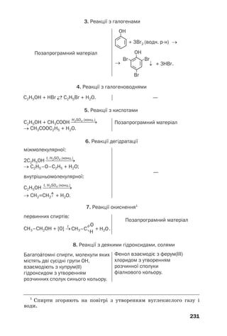 231
Позапрограмний матеріал
—
3. Реакції з галогенами
C2H5OH + HBr →← C2H5Br + H2O.
4. Реакції з галогеноводнями
Позапрограмний матеріал
міжмолекулярної:
2C2H5OH ⎯⎯⎯⎯⎯→
→ C2H5–O–C2H5 + H2O;
t, H2SO4 (конц.)
внутрішньомолекулярної:
первинних спиртів:
C2H5OH ⎯⎯⎯⎯⎯→
→ CH2=CH2↑ + H2O.
t, H2SO4 (конц.)
t
CH3–CH2OH + [O] → .
Позапрограмний матеріал
5. Реакції з кислотами
C2H5OH + СH3СOOH
→ CH3СOOC2H5 + H2O.
H2SO4 (конц.)
7. Реакції окиснення1
БагатоŽтомні спирти, молекули яких
містять дві сусідні групи ОН,
взаємодіють з купрум(ІІ)
гідроксидом з утворенням
розчинних сполук синього кольору.
Фенол взаємодіє з ферум(ІІІ)
хлоридом з утворенням
розчинної сполуки
фіалкового кольору.
8. Реакції з деякими гідроксидами, солями
6. Реакції дегідратації
—
⎯⎯⎯⎯→
1
Спирти згоряють на повітрі з утворенням вуглекислого газу і
води.
 