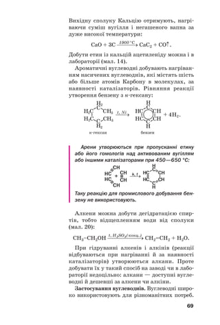 69
Вихідну сполуку Кальцію отримують, нагрі
ваючи суміш вугілля і негашеного вапна за
дуже високої температури:
1900 °C
СаО + 3С ⎯⎯⎯→ СаС2 + СО↑.
Добути етин із кальцій ацетиленіду можна і в
лабораторії (мал. 14).
Ароматичні вуглеводні добувають нагріван
ням насичених вуглеводнів, які містять шість
або більше атомів Карбону в молекулах, за
наявності каталізаторів. Рівняння реакції
утворення бензену з н гексану:
.
н гексан бензен
Арени утворюються при пропусканні етину
або його гомологів над активованим вугіллям
або іншими каталізаторами при 450—650 °С:
Таку реакцію для промислового добування бен
зену не використовують.
Алкени можна добути дегідратацією спир
тів, тобто відщепленням води від сполуки
(мал. 20):
t, H2SO4(конц.)
СН3–СН2ОН ⎯⎯⎯⎯⎯⎯→ СН2=СН2 + Н2О.
При гідруванні алкенів і алкінів (реакції
відбуваються при нагріванні й за наявності
каталізаторів) утворюються алкани. Проте
добувати їх у такий спосіб на заводі чи в лабо
раторії недоцільно: алкани — доступні вугле
водні й дешевші за алкени чи алкіни.
Застосування вуглеводнів. Вуглеводні широ
ко використовують для різноманітних потреб.
 