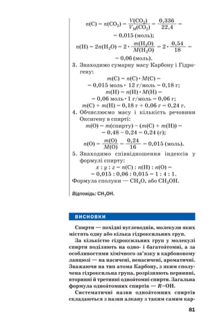 81
ВИСНОВКИ
Спирти — похідні вуглеводнів, молекули яких
містять одну або кілька гідроксильних груп.
За кількістю гідроксильних груп у молекулі
спирти поділяють на одно і багатоŽтомні, а за
особливостями хімічного зв’язку в карбоновому
ланцюзі — на насичені, ненасичені, ароматичні.
Зважаючи на тип атома Карбону, з яким сполу
чена гідроксильна група, розрізняють первинні,
вторинні й третинні одноŽтомні спирти. Загальна
формула одноŽтомних спиртів — R–ОН.
Систематичні назви одноŽтомних спиртів
складаються з назви алкану з таким самим кар
V(CO2) 0,336
n(C) = n(CO2) = —————— = —————— =
VM(CO2) 22,4
= 0,015 (моль);
m(H2O) 0,54
n(H) = 2n(H2O) = 2•——————— = 2•———— =
M(H2O) 18
= 0,06 (моль).
3. Знаходимо сумарну масу Карбону і Гідро
гену:
m(С) = n(С)•М(С) =
= 0,015 моль• 12 г/моль = 0,18 г;
m(Н) = n(Н)•М(Н) =
= 0,06 моль•1 г/моль = 0,06 г;
m(С) + m(Н) = 0,18 г + 0,06 г = 0,24 г.
4. Обчислюємо масу і кількість речовини
Оксигену в спирті:
m(О) = m(спирту) – (m(С) + m(Н)) =
= 0,48 – 0,24 = 0,24 (г);
m(O) 0,24
n(O) = ———— = ————— = 0,015 (моль).
M(O) 16
5. Знаходимо співвідношення індексів у
формулі спирту:
x : y : z = n(С) : n(Н) : n(О) =
= 0,015 : 0,06 : 0,015 = 1 : 4 : 1.
Формула сполуки — СН4О, або СН3ОН.
Відповідь: СН3ОН.
 