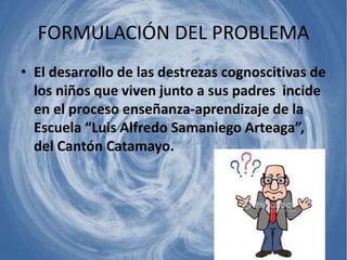 FORMULACIÓN DEL PROBLEMA
• El desarrollo de las destrezas cognoscitivas de
los niños que viven junto a sus padres incide
en el proceso enseñanza-aprendizaje de la
Escuela “Luis Alfredo Samaniego Arteaga”,
del Cantón Catamayo.
 