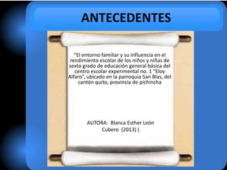 ANTECEDENTES
“El entorno familiar y su influencia en el
rendimiento escolar de los niños y niñas de
sexto grado de educación general básica del
centro escolar experimental no. 1 “Eloy
Alfaro”, ubicado en la parroquia San Blas, del
cantón quito, provincia de pichincha
AUTORA: Blanca Esther León
Cubero (2013) )
 