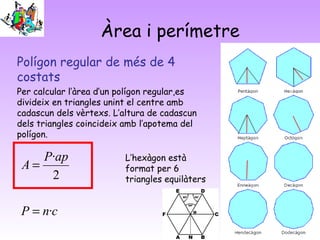 Àrea i perímetre
Polígon regular de més de 4
costats
Per calcular l’àrea d’un polígon regular,es
divideix en triangles unint el centre amb
cadascun dels vèrtexs. L’altura de cadascun
dels triangles coincideix amb l’apotema del
polígon.
cnP
apP
A
·
2
·
=
=
L’hexàgon està
format per 6
triangles equilàters
 