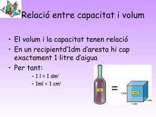 Relació entre capacitat i volum
• El volum i la capacitat tenen relació
• En un recipientd’1dm d’aresta hi cap
exactament 1 litre d’aigua
• Per tant:
– 1 l = 1 dm3
– 1ml = 1 cm3
 