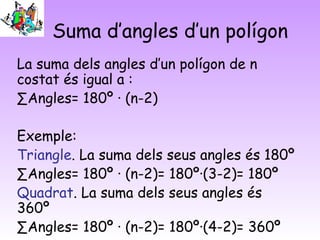 Suma d’angles d’un polígon
La suma dels angles d’un polígon de n
costat és igual a :
∑Angles= 180º · (n-2)
Exemple:
Triangle. La suma dels seus angles és 180º
∑Angles= 180º · (n-2)= 180º·(3-2)= 180º
Quadrat. La suma dels seus angles és
360º
∑Angles= 180º · (n-2)= 180º·(4-2)= 360º
 