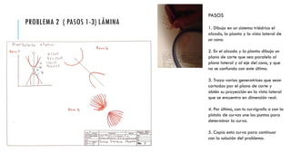 PROBLEMA 2 ( PASOS 1-3) LÁMINA
PASOS
1. Dibuja en un sistema triédrico el
alzado, la planta y la vista lateral de
un cono.
2. En el alzado y la planta dibuja un
plano de corte que sea paralelo al
plano lateral y al eje del cono, y que
no se confunda con este último.
3. Traza varias generatrices que sean
cortadas por el plano de corte y
obtén su proyección en la vista lateral
que se encuentra en dimensión real.
4. Por último, con tu curvígrafo o con la
pistola de curvas une los puntos para
determinar la curva.
5. Copia esta curva para continuar
con la solución del problema.
 