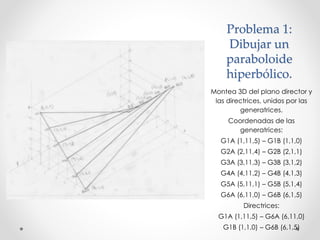 Problema 1: 
Dibujar un 
paraboloide 
hiperbólico. 
Montea 3D del plano director y 
las directrices, unidos por las 
generatrices. 
Coordenadas de las 
generatrices: 
G1A (1,11,5) – G1B (1,1,0) 
G2A (2,11,4) – G2B (2,1,1) 
G3A (3,11,3) – G3B (3,1,2) 
G4A (4,11,2) – G4B (4,1,3) 
G5A (5,11,1) – G5B (5,1,4) 
G6A (6,11,0) – G6B (6,1,5) 
Directrices: 
G1A (1,11,5) – G6A (6,11,0) 
G1B (1,1,0) – G6B (6,1,5) 
 