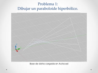 Problema 1: 
Dibujar un paraboloide hiperbólico. 
Base de datos cargada en Autocad 
