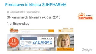 Predstavenie klienta SUNPHARMA
26 kamenných lekární v decembri 2013
36 kamenných lekární v októbri 2015
1 online e-shop
 