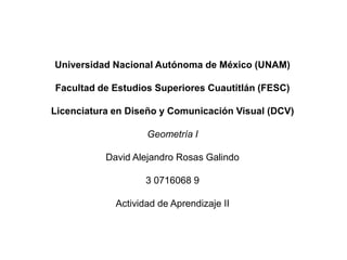 Universidad Nacional Autónoma de México (UNAM)
Facultad de Estudios Superiores Cuautitlán (FESC)
Licenciatura en Diseño y Comunicación Visual (DCV)
Geometría I
David Alejandro Rosas Galindo
3 0716068 9
Actividad de Aprendizaje II
 