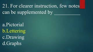 21. For clearer instruction, few notes
can be supplemented by __________
a.Pictorial
b.Lettering
c.Drawing
d.Graphs
 