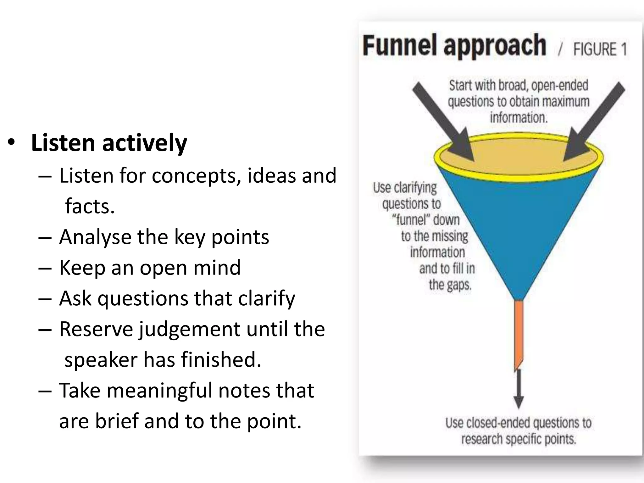 • Listen actively
– Listen for concepts, ideas and
facts.
– Analyse the key points
– Keep an open mind
– Ask questions that clarify
– Reserve judgement until the
speaker has finished.
– Take meaningful notes that
are brief and to the point.