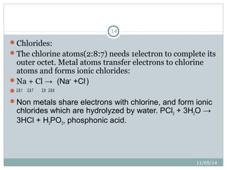 11/05/14 
14 
Chlorides: 
The chlorine atoms(2:8:7) needs 1electron to complete its 
outer octet. Metal atoms transfer electrons to chlorine 
atoms and forms ionic chlorides: 
Na + Cl → (Na+ +Cl-) 
2.8.1 2.8.7 2.8 2.8.8 
Non metals share electrons with chlorine, and form ionic 
chlorides which are hydrolyzed by water. PCl3 + 3H2O → 
3HCl + H3PO3, phosphonic acid. 
 