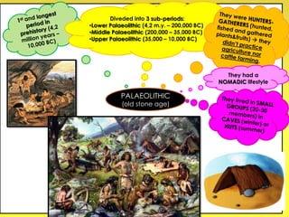 Diveded into 3 sub-periods:
•Lower Palaeolithic (4,2 m.y. – 200,000 BC)
•Middle Palaeolithic (200,000 – 35,000 BC)
•Upper Palaeolithic (35,000 – 10,000 BC)
They had a
NOMADIC lifestyle
PALAEOLITHIC
(old stone age)
 