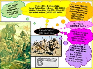 Diveded into 3 sub-periods:
•Lower Palaeolithic (4,2 m.y. – 200,000 BC)
•Middle Palaeolithic (200,000 – 35,000 BC)
•Upper Palaeolithic (35,000 – 10,000 BC)
They had a
NOMADIC lifestyle
PALAEOLITHIC
(old stone age)
 