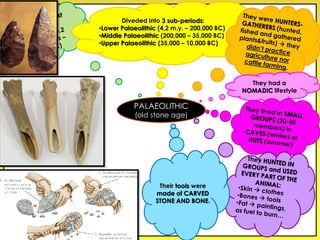 Diveded into 3 sub-periods:
•Lower Palaeolithic (4,2 m.y. – 200,000 BC)
•Middle Palaeolithic (200,000 – 35,000 BC)
•Upper Palaeolithic (35,000 – 10,000 BC)
They had a
NOMADIC lifestyle
Their tools were
made of CARVED
STONE AND BONE.
PALAEOLITHIC
(old stone age)
 