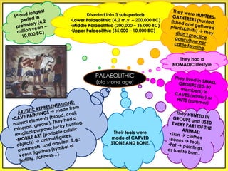 Diveded into 3 sub-periods:
•Lower Palaeolithic (4,2 m.y. – 200,000 BC)
•Middle Palaeolithic (200,000 – 35,000 BC)
•Upper Palaeolithic (35,000 – 10,000 BC)
They had a
NOMADIC lifestyle
Their tools were
made of CARVED
STONE AND BONE.
PALAEOLITHIC
(old stone age)
 