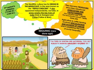 The Neolithic culture has its ORIGIN IN
THE MIDDLE EAST, in the area known as
the “FERTILE CRESCENT”. It also
appeared independently, but later, in
areas nearby the big rivers of
India (Indo & Ganges) and
China (Yellow & Blue)
NEOLITHIC (new
stone age)
 