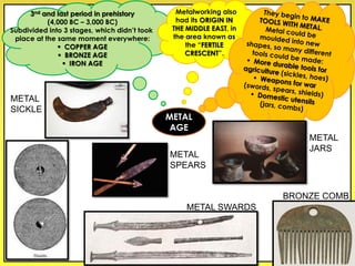 3nd and last period in prehistory
(4,000 BC – 3,000 BC)
Subdivided into 3 stages, which didn’t took
place at the same moment everywhere:
 COPPER AGE
 BRONZE AGE
 IRON AGE
Metalworking also
had its ORIGIN IN
THE MIDDLE EAST, in
the area known as
the “FERTILE
CRESCENT”.
METAL
AGE
METAL
SICKLE
BRONZE COMB
METAL SWARDS
METAL
SPEARS
METAL
JARS
 