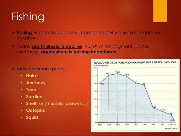 Fishing
ï Fishing ï  used to be a very important activity due to its extensive
coastline.
ï Today sea fishing is in decline...