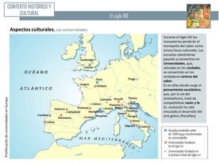 CONTEXTO HISTÓRICO Y
                                   CULTURAL                                         El siglo XIII

                                           Aspectos culturales. Las universidades
                                                                                                    Durante el Siglo XIII los
                                                                                                    monasterios perderán el
                                                                                                    monopolio del saber como
                                                                                                    únicos focos culturales. Las
                                                                                                    escuelas catedralicias
                                                                                                    pasarán a convertirse en
                                                                                                    Universidades, que,
                                                                                                    ubicadas en las ciudades,
                                                                                                    se convertirán en los
                                                                                                    verdaderos centros del
                                                                                                    saber.
                                                                                                    Es en ellas donde surge el
                                                                                                    pensamiento escolástico,
                                                                                                    que, por la vía del
                                                                                                    aristotelismo, trató de
Proliferación de universidades en Europa




                                                                                                    compatibilizar razón y fe.
                                                                                                    Su evolución ha sido
                                                                                                    vinculada al desarrollo del
                                                                                                    arte gótico (Panofsky)
 