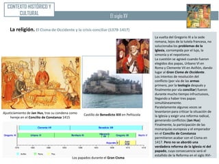 CONTEXTO HISTÓRICO Y
       CULTURAL                                                      El siglo XV

    La religión. El Cisma de Occidente y la crisis conciliar (1378-1417)
                                                                                             La vuelta del Gregorio XI a la sede
                                                                                             romana, lejos de la tutela francesa, no
                                                                                             solucionaba los problemas de la
                                                                                             Iglesia, corrompida por el lujo, la
                                                                                             simonía y el nepotismo.
                                                                                             La cuestión se agravó cuando fueron
                                                                                             elegidos dos papas, Urbano VI en
                                                                                             Roma y Clemente VII en Aviñón, dando
                                                                                             lugar al Gran Cisma de Occidente.
                                                                                             Los intentos de resolución del
                                                                                             conflicto (por vía de las armas
                                                                                             primero, por la teología después y
                                                                                             finalmente por vía conciliar) fueron
                                                                                             durante mucho tiempo infructuosos,
                                                                                             llegando a haber tres papas
                                                                                             simultáneamente.
                                                                                             Paralelamente algunas voces se
Ajusticiamiento de Jan Hus, tras su condena como                                             levantaron para criticar la situación de
                                                   Castillo de Benedicto XIII en Peñíscola   la Iglesia y exigir una reforma radical,
     hereje en el Concilio de Constanza 1415
                                                                                             generando conflictos (Jan Hus)
                                                                                             Finalmente, la participación de las
                                                                                             monarquías europeas y el emperador
                                                                                             en el Concilio de Constanza
                                                                                             permitieron acabar con el Cisma en
                                                                                             1417. Pero no se abordó una
                                                                                             verdadera reforma de la Iglesia ni del
                                                                                             papado, cuya consecuencia será el
                                                                                             estallido de la Reforma en el siglo XVI-
                                            Los papados durante el Gran Cisma
 