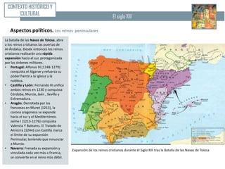 CONTEXTO HISTÓRICO Y
      CULTURAL                                                        El siglo XIII

   Aspectos políticos. Los reinos          peninsulares

La batalla de las Navas de Tolosa, abre
a los reinos cristianos las puertas de
Al-Ándalus. Desde entonces los reinos
cristianos realizarán una rápida
expansión hacia el sur, protagonizada
por las órdenes militares.
• Portugal: Alfonso III (1248-1279)
    conquista el Algarve y refuerza su
    poder frente a la Iglesia y la
    nobleza.
• Castilla y León: Fernando III unifica
    ambos reinos en 1230 y conquista
    Córdoba, Murcia, Jaén , Sevilla y
    Extremadura.
• Aragón: Derrotada por los
    franceses en Muret (1213), la
    corona aragonesa se expande
    hacia el sur y el Mediterráneo.
    Jaime I (1213-1276) conquista
    Valencia Y Baleares. El Tratado de
    Almizrra (1244) con Castilla marca
    el límite de su expansión
    Peninsular, teniendo que renunciar
    a Murcia.
• Navarra: Frenada su expansión y         Expansión de los reinos cristianos durante el Siglo XIII tras la Batalla de las Navas de Tolosa
    vinculada cada vez más a Francia,
    se convierte en el reino más débil.
 