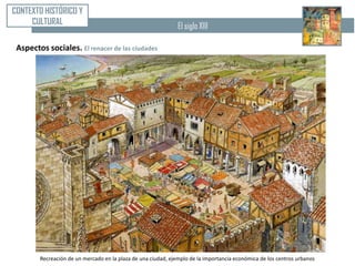 CONTEXTO HISTÓRICO Y
     CULTURAL                                                  El siglo XIII

 Aspectos sociales. El renacer de las ciudades




        Recreación de un mercado en la plaza de una ciudad, ejemplo de la importancia económica de los centros urbanos
 