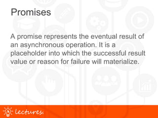 www.uniface.comlectures.
Promises
A promise represents the eventual result of
an asynchronous operation. It is a
placeholder into which the successful result
value or reason for failure will materialize.
 