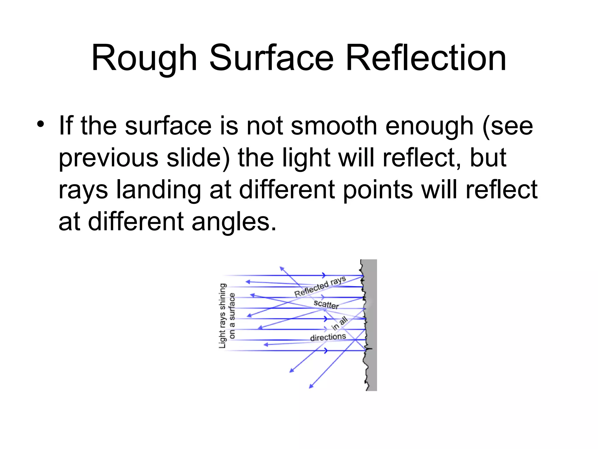 Rough Surface Reflection If the surface is not smooth enough (see previous slide) the light will reflect, but rays landing at different points will reflect at different angles. 