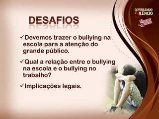 Devemos trazer o bullying na
escola para a atenção do
grande público.
Qual a relação entre o bullying
na escola e o bullying no
trabalho?
Implicações legais.
 