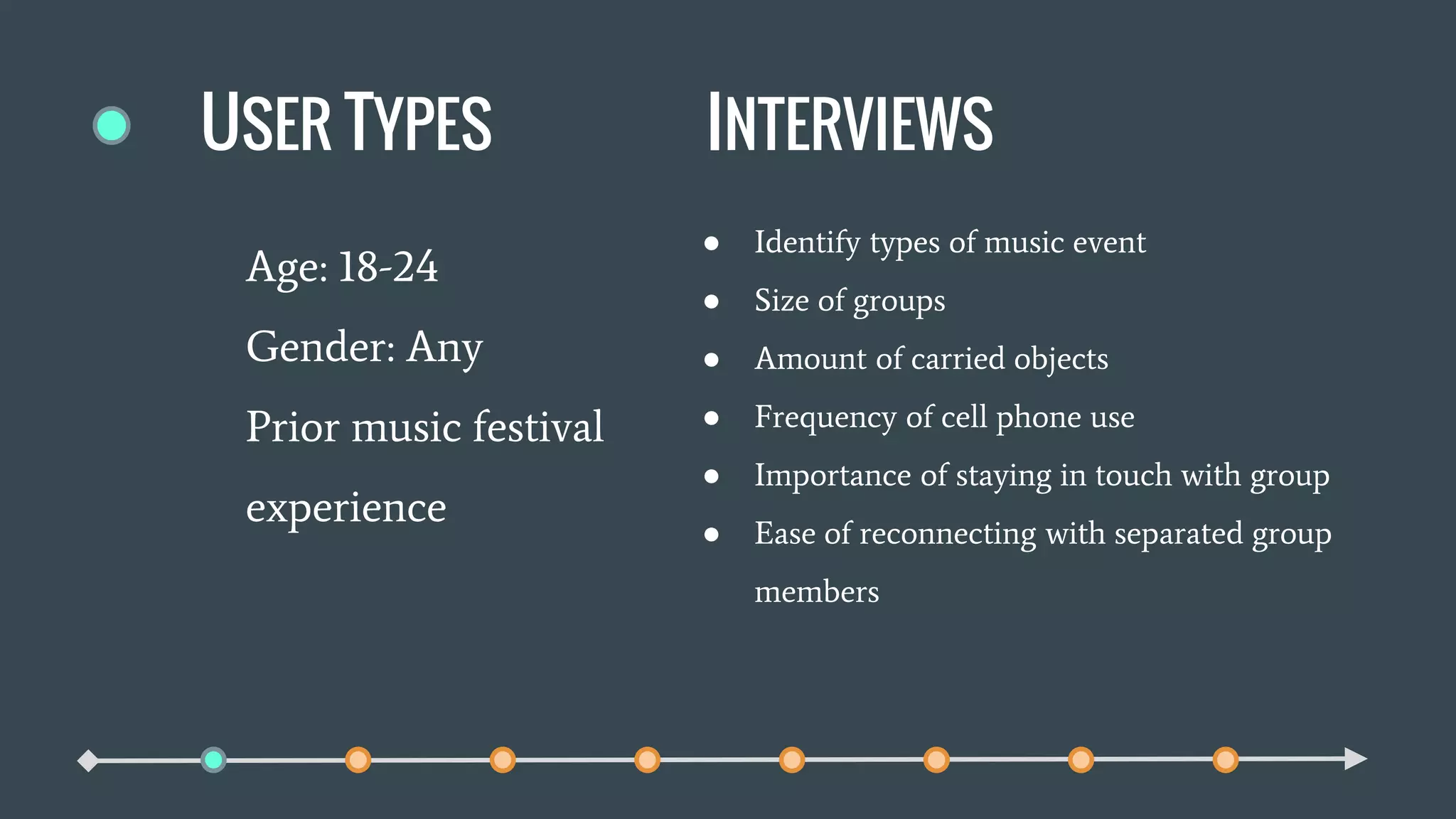 INTERVIEWS
● Identify types of music event
● Size of groups
● Amount of carried objects
● Frequency of cell phone use
● Importance of staying in touch with group
● Ease of reconnecting with separated group
members
USER TYPES
Age: 18-24
Gender: Any
Prior music festival
experience
 