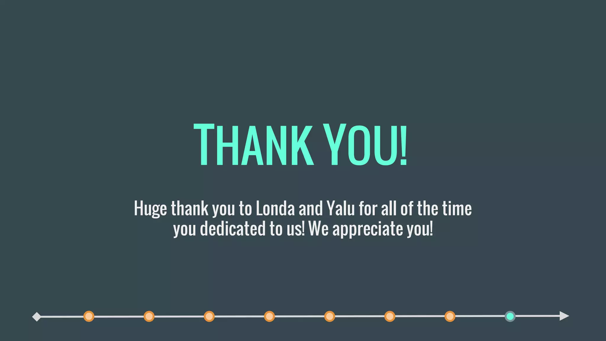 THANK YOU!
Huge thank you to Londa and Yalu for all of the time
you dedicated to us! We appreciate you!
 