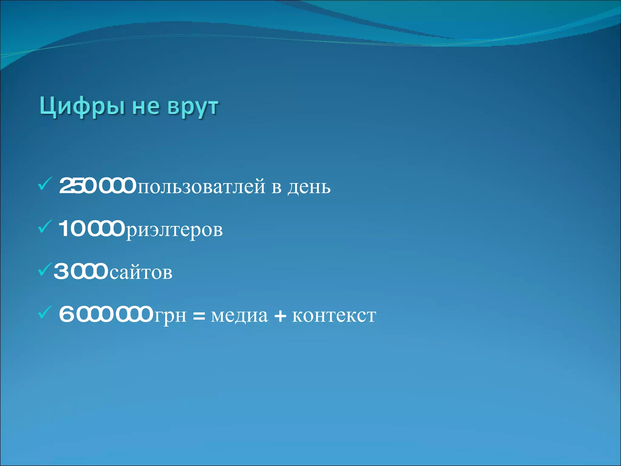 250 000 пользоватлей в день 10 000 риэлтеров 3 000 сайтов 6 000 000 грн = медиа + контекст 